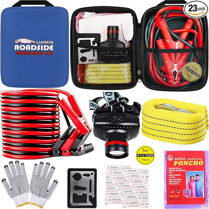 Car Roadside Emergency Kit with Jumper Cables Headlamp Car Safety Kits | Emergency Car Kit Tow Straps, Multi-function Blades, Gloves, Multi-tool Kit, Breakdowns Gifts for New Drivers and Teenagers