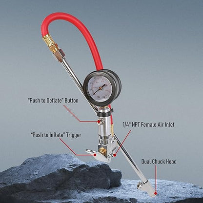 Tire Inflator with Tire Pressure Gauge, Extended Straight-on Air Chuck with 12 Inch Rubber Air Hose