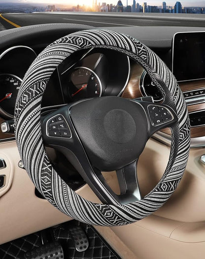 SEG Direct Boho Steering Wheel Cover with Baja Blanket Cloth, Ethnic Style Auto Wheel Cover Made of Coarse Flax, Fits 14 1/2-15 1/4 inches Car Wheel
