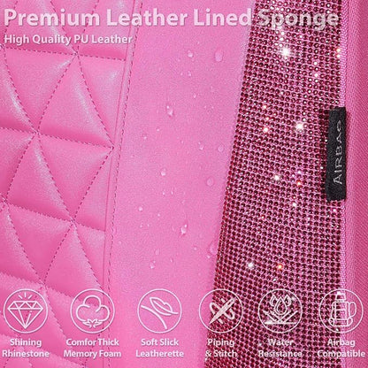 CAR PASS Hot Pink Bling Diamond Leather Car Seat Covers Full Sets, Waterproof Shining Glitter Sparkly Crystal Universal Armrest Fit for Automotive Truck SUV Cute Women Girl,Hot Pink Rhinestone