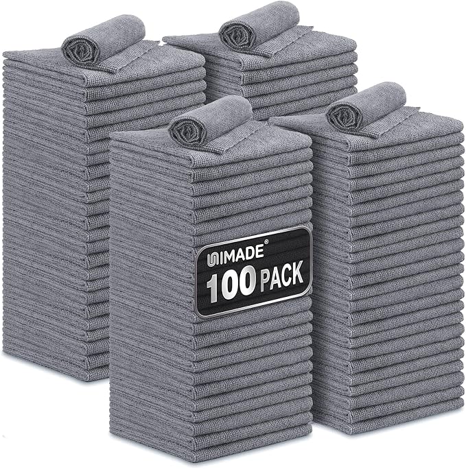 UNIMADE Microfiber Cleaning Cloth, 100 Pack Microfiber Towels for Cars Commercial Grade Work Rags Bulk Detailing Cloth for Automotive Bar Mechanic Restaurant Garage Housekeeping, 11.5"x 11.5", Grey