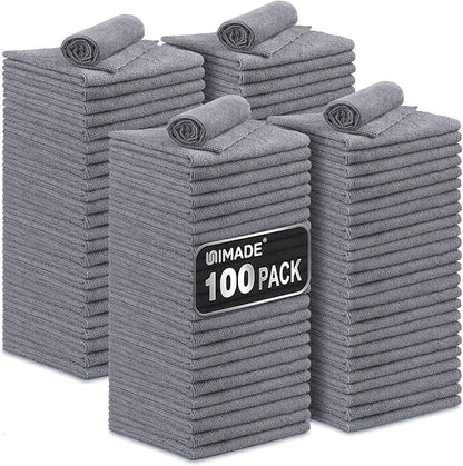 UNIMADE Microfiber Cleaning Cloth, 100 Pack Microfiber Towels for Cars Commercial Grade Work Rags Bulk Detailing Cloth for Automotive Bar Mechanic Restaurant Garage Housekeeping, 11.5"x 11.5", Grey
