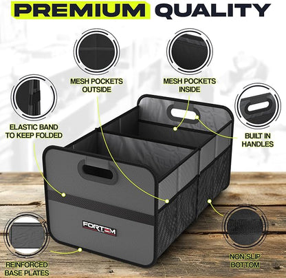 FORTEM Car Trunk Organizer, Collapsible Two Compartment Organizer, Foldable SUV & Truck Storage for Car Accessories for Women Men, Non Slip Bottom, Sturdy Side Walls, Strong Handles, 45L