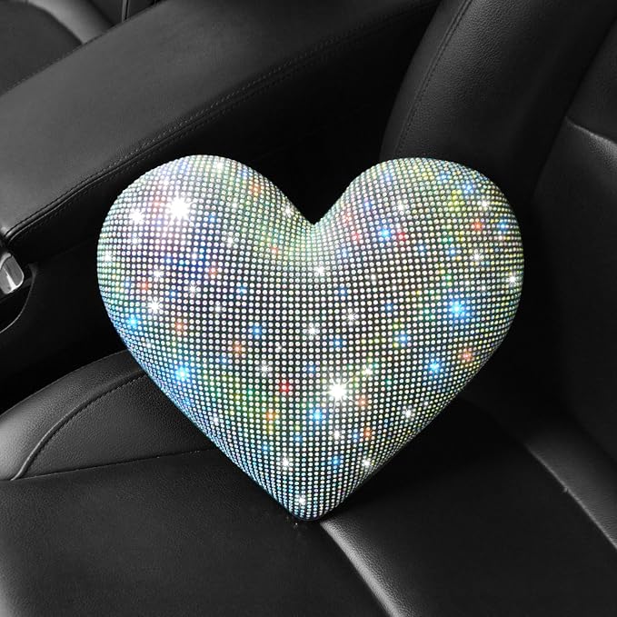 Bling Bling Rhinestones Car Seat Pillow for Driver Automotive Accessories for Women Ladies and Girls Auto Seat Headrest Cushion with Bling Rhinestone Colorful 2 Pieces