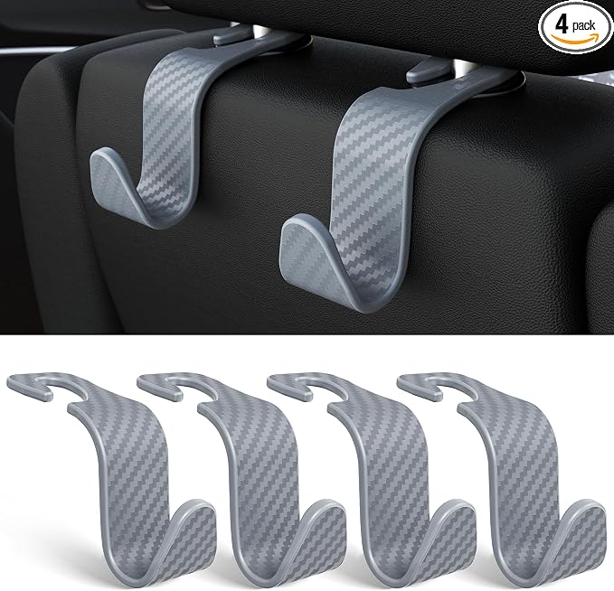 Amooca Car Seat Headrest Hook 4 Pack Hanger Universal Vehicle Car Storage Organizer for Handbag Purse Coat S Type Checkered Grey