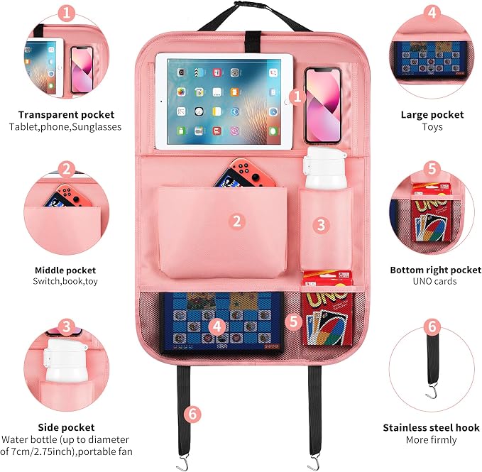 LUCMO Car Backseat Organizer with Tablet Holder-2 Pcs,6 Storage Pockets Car Storage Organizer with Foldable Food Tray,Protectors Kick Mats Travel Accessories-Pink