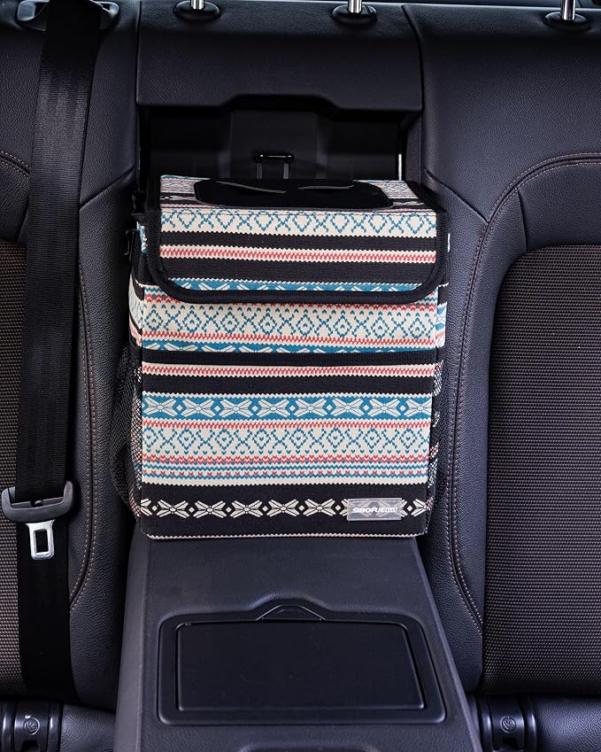 SIBOFUEGO Car Garbage Can Cute - Leak-Proof Car Trash Can with Lid and Storage Pockets, Car Trash Bin for Men and Women, Boho Aztec Essentials: Must-Have Car Interior Accessories (Beige Aztec Motif)