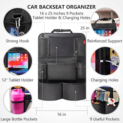Backseat Car Organizer, backseat car organizer with 9 Pockets & Tablet Holder, Kick Mats for Car Seat Storage and Organization, 2 Pack, Black—Perfect for Travel.