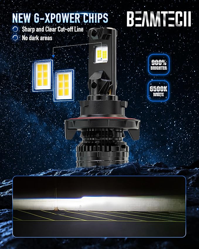 BEAMTECH H13/9008 Bulbs, 900% Brighter Canbus Ready 6500K White Light or Fog Light, 2 Bulbs.