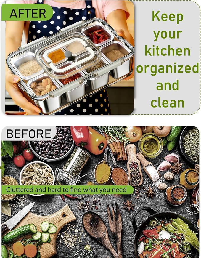 Snackle Box Container, Stainless Steel Divided Serving Tray with Lid and Handle, Large Snack Tray for Fruit Veggie Candy, 8-Compartment Snack Platter for Travel Party Beach Picnic