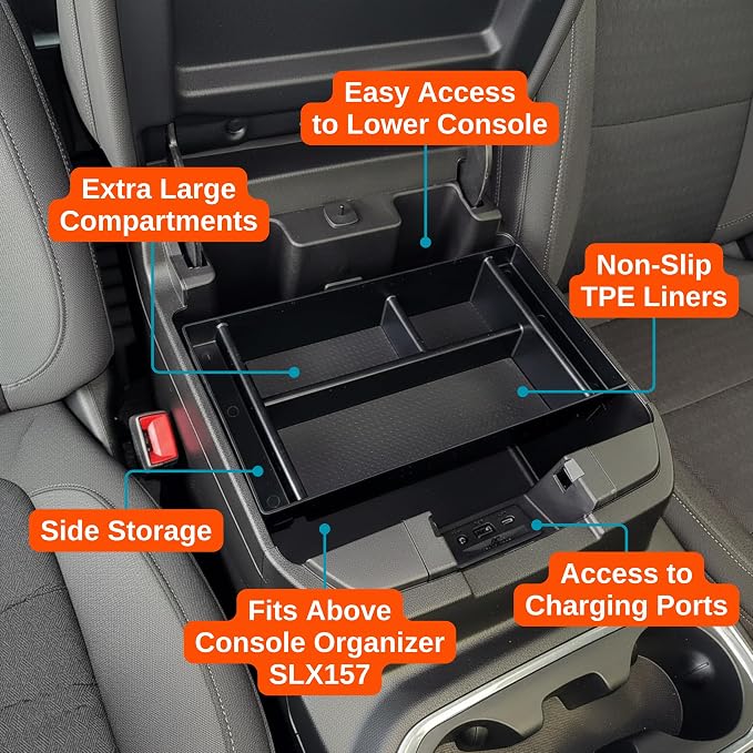 Center Console Organizer Tray for Chevy Silverado 1500 / GMC Sierra 1500 (2019-2021) & 2500/3500 HD (2020-2023) (Full Console w/Bucket Seats ONLY) - Made in USA - SLX153