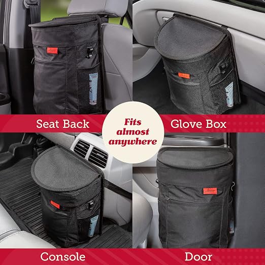 Lusso Gear Spill-Proof Car Trash Can - Leak-Proof Lid & Removable Liner for Car Bin - Travel Organizer with Mesh Pockets - 2.5 Gal, Black w Red Stitching