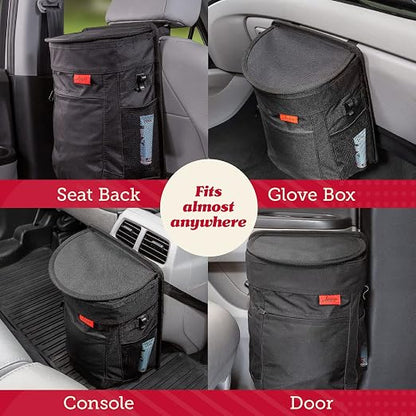 Lusso Gear Spill-Proof Car Trash Can - Leak-Proof Lid & Removable Liner for Car Bin - Travel Organizer with Mesh Pockets - 2.5 Gal, Black w Red Stitching