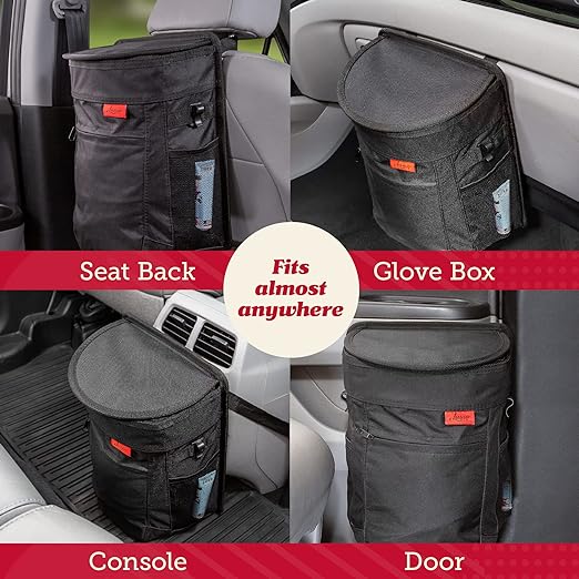 Lusso Gear Spill-Proof Car Trash Can (2.5 Gal, 2 Pack) - Easy to Clean Hanging Garbage Bin - Leak-Proof Lid, Removable Liner, Waterproof - Keeps Truck, SUV, Car, Minivan Clean & Odor Free (Black)