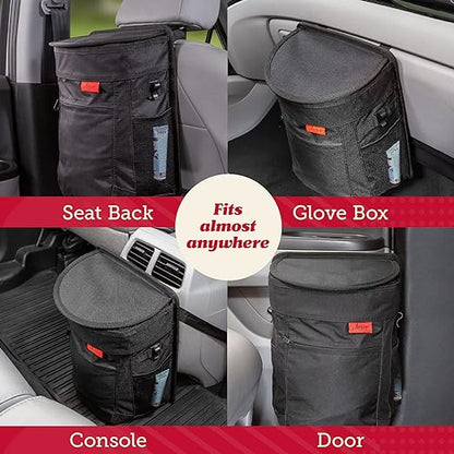 Lusso Gear Spill-Proof Car Trash Can (2.5 Gal, 2 Pack) - Easy to Clean Hanging Garbage Bin - Leak-Proof Lid, Removable Liner, Waterproof - Keeps Truck, SUV, Car, Minivan Clean & Odor Free (Black)