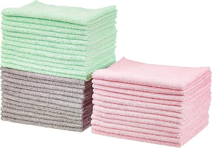 Amazon Basics Microfiber Cleaning Cloths, Ultra Absorbent, Scratch Free, Non-Abrasive, Reusable and Washable, All-Purpose, Car Detailing, 16" x 12", Green/Gray/Pink, 36-Pack