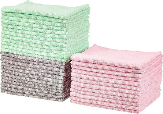 Amazon Basics Microfiber Cleaning Cloths, Ultra Absorbent, Scratch Free, Non-Abrasive, Reusable and Washable, All-Purpose, Car Detailing, 16" x 12", Green/Gray/Pink, 36-Pack