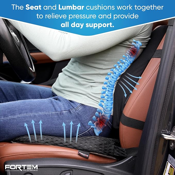 FORTEM Car Seat Cushion and Back Support Pillow, Memory Foam Car Wedge Cushion, Comfort Back Rest and Lumbar Support for Driving, Non Slip Seat Pad, Adjustable Straps, Washable Cover