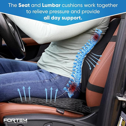 FORTEM Car Seat Cushion and Back Support Pillow, Memory Foam Car Wedge Cushion, Comfort Back Rest and Lumbar Support for Driving, Non Slip Seat Pad, Adjustable Straps, Washable Cover