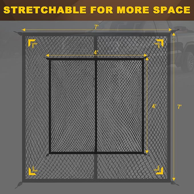 BUMBEE Truck Bed Cargo Net, Highly Elastic Double-Layered Stretchable up to 7ft x 7ft Small Mesh Durable Storage Organizer for Pickup Car Trunk SUV Boat