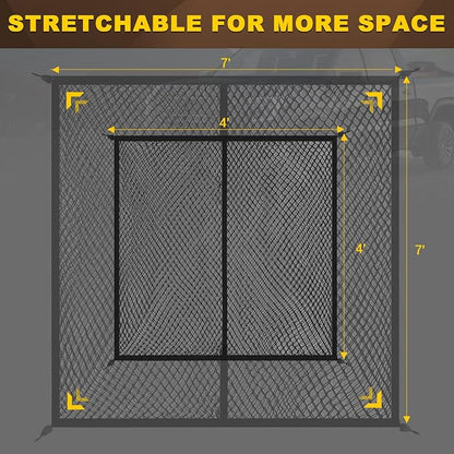 BUMBEE Truck Bed Cargo Net, Highly Elastic Double-Layered Stretchable up to 7ft x 7ft Small Mesh Durable Storage Organizer for Pickup Car Trunk SUV Boat