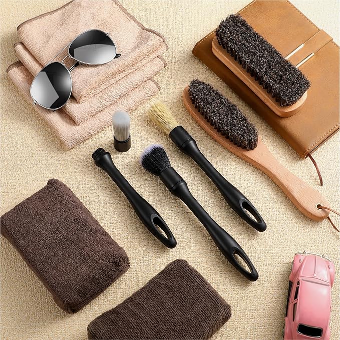 Weysat 10 Pcs Leather Car Interior Detailing Brush Set, Microfiber Cloth Applicator, Absorbent Sponge Block, Natural Bristles Brushes Scratch-free Ultra-soft for Interiors Furniture Seats Leather Care