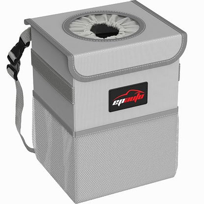 EPAuto Waterproof Car Trash Can with Lid and Storage Pockets, 2.5 Gallon Leakproof, Gray