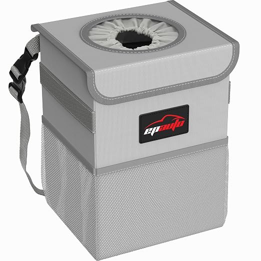 EPAuto Waterproof Car Trash Can with Lid and Storage Pockets, 2.5 Gallon Leakproof, Gray
