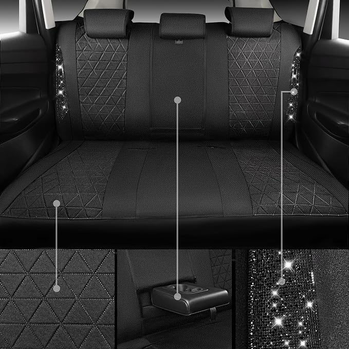 CAR PASS Oxford Bling Diamond Car Seat Covers Full Set Interior Sets, Waterproof Shining Glitter Sparkly Crystal Universal Armrest Fit 95% Automotive Truck SUV Cute Women Girl, All Black Rhinestone