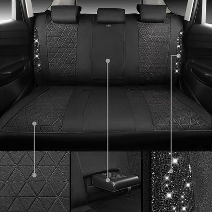 CAR PASS Oxford Bling Diamond Car Seat Covers Full Set Interior Sets, Waterproof Shining Glitter Sparkly Crystal Universal Armrest Fit 95% Automotive Truck SUV Cute Women Girl, All Black Rhinestone
