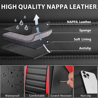 CAR PASS Nappa Leather Car Seat Covers Full Set, Luxury Seat Protector for Cars, Waterproof Anti-Slip Seat Cushion Armrest Compatible Airbag Universal for Sedan SUV Pick-up Truck Auto, Black Red