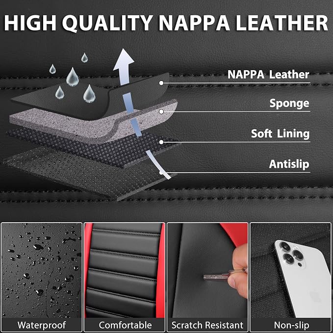 CAR PASS Nappa Leather Car Seat Covers Front Seats, Luxury Seat Protector for Cars, Waterproof Anti-Slip Seat Cushion Armrest Compatible Airbag Universal for Sedan SUV Pick-up Truck Auto, Black Red