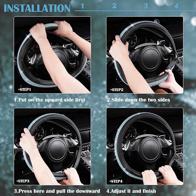 CAR PASS Mint Diamond Black Leather Steering Wheel Cover, Bling Blue Crystal Rhinestones Universal Fit 14"1/2-15" Crystal Glitter for Women Sparkle Girl Fit Suvs,Vans,Sedans,Cars,Trucks, Mint Diamond