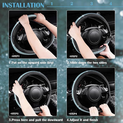CAR PASS Mint Diamond Black Leather Steering Wheel Cover, Bling Blue Crystal Rhinestones Universal Fit 14"1/2-15" Crystal Glitter for Women Sparkle Girl Fit Suvs,Vans,Sedans,Cars,Trucks, Mint Diamond