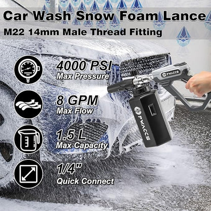 PWACCS Pressure Washer Foam Gun, Short Pressure Washer Gun, Foam Cannon for Car Wash Kit with 1/4" Quick Connector, Pressure Wash Handle for Power Washer with M22 Male Inlet, 4000 PSI, 1.5 Liter