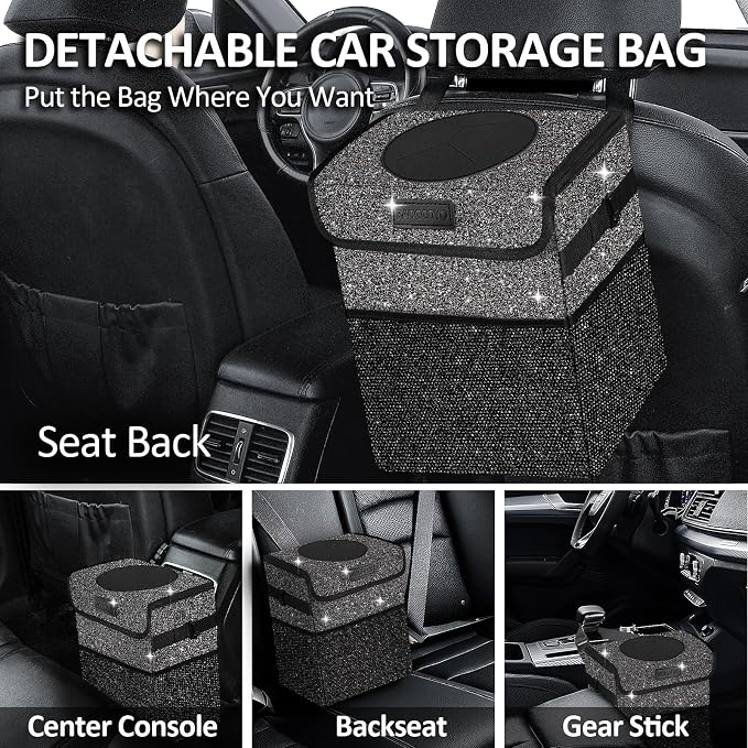Cute Mini Car Trash Bag with Lid, Glitter Garbage Can Bin Hanging for Back/Front Seat/Console, Waterproof, Leakproof, 2.5 Gallon, Black Bling Sparkly
