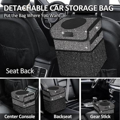 Cute Mini Car Trash Bag with Lid, Glitter Garbage Can Bin Hanging for Back/Front Seat/Console, Waterproof, Leakproof, 2.5 Gallon, Black Bling Sparkly
