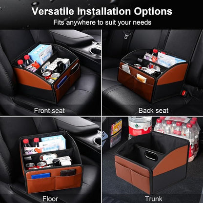 [2025 UPDATED] Leather Car Seat Organizer, Foldable Storage Box for Front Seat, Back Seats & Floor – Removable Divider, Metal Handle, Adjustable Anti-Slip Strap for Kids & Adults (Black & Brown)