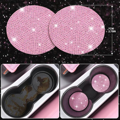 CAR PASS Bling Pink Car Accessories Set for Women, Sparkly Rhinestone Diamond Steering Wheel Cover Seat Belt Cushion Glitter Shift Knob Cover Car Cup Holder Coaster Cute Interior Sets, Pink 22 PCS