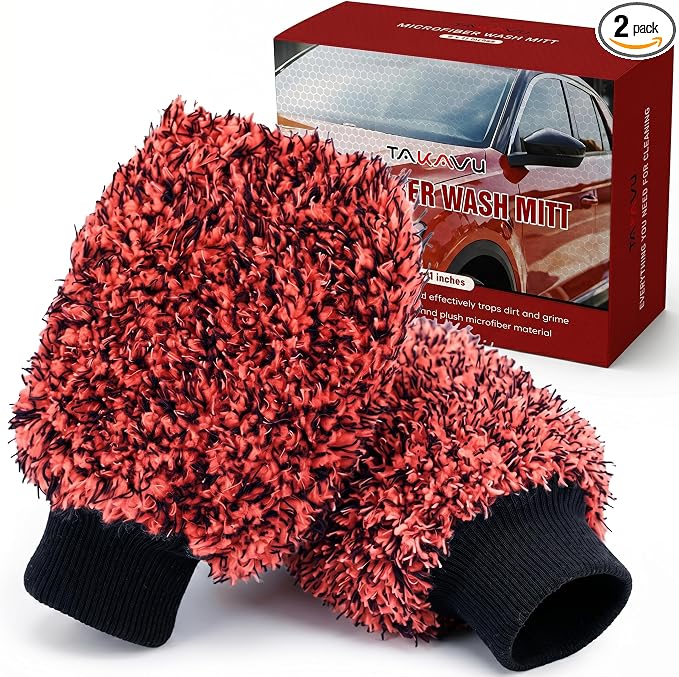 TAKAVU Car Wash Mitt Scratch Free, 2 Pack Microfiber Wash Mitts for Auto Detailing, Soft Lint Free Cleaning Gloves, Holds Sudsy Water, Machine Washable (Red & Black)