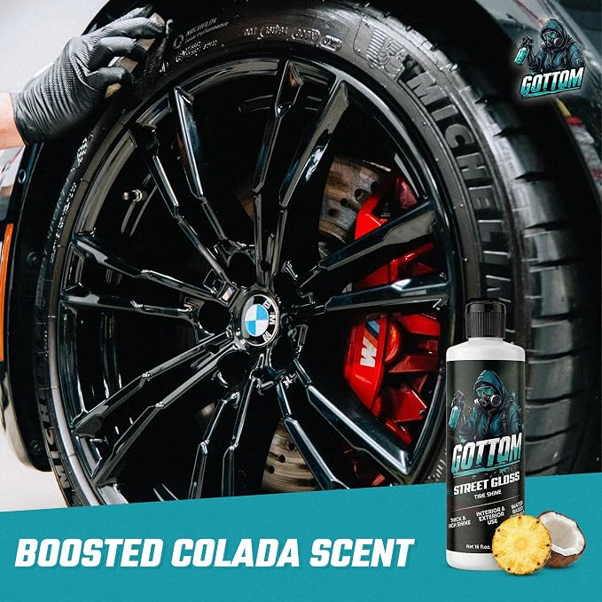 Gottom Tire & Trim Shine – 128oz, Scented Boosted Colada - Ultra High Gloss for Plastic Trim & Wheels – Water-Based Dressing – Car Tire Cleaner & Dressing – Car Detailing Supplies