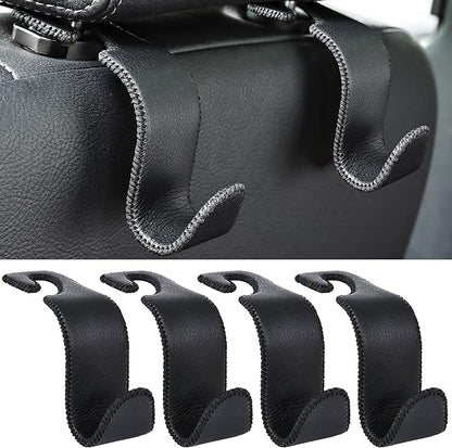 Amooca Car Seat Headrest Hook 4 Pack Metal Core Hanger Universal Car Storage Organizer for Handbag Purse Coat S Type Leather Black