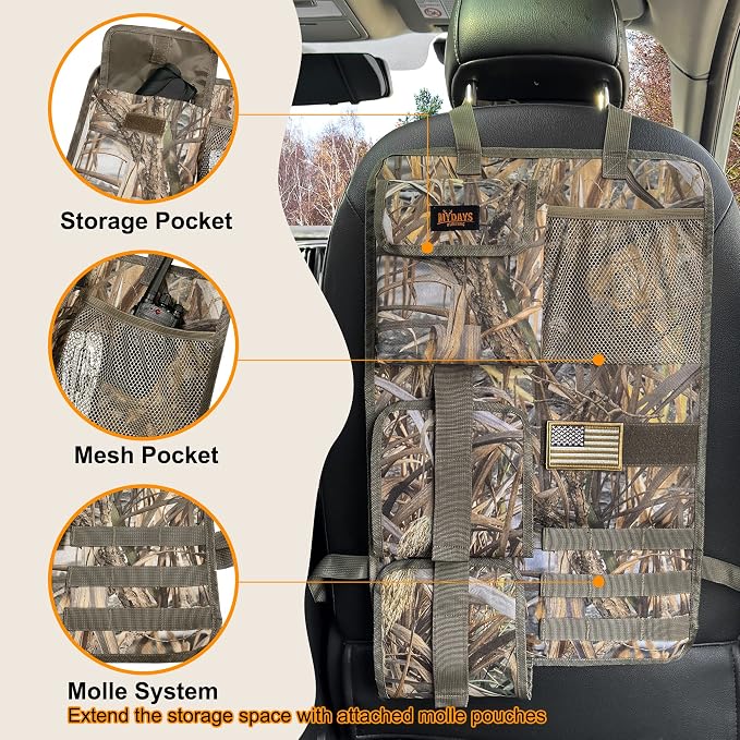 MYDAYS 2 Pack Tactical Seat Back & Front Seat Gun Organizer with Molle Panel Vehicle Gun Holders for Hunting Rifles & Shotguns (Camo)