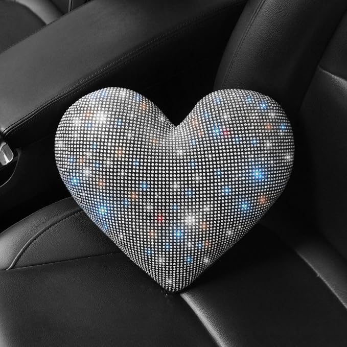Bling Bling Car Seat Pillows – Sparkly Rhinestone Headrest Neck Support Pillow for Women, Girls, and Ladies – Shiny Diamond Interior Accessories for Travel and Comfort White 2 Pieces