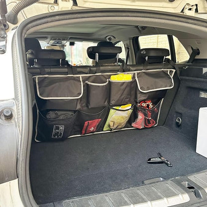 Car Back Seat Trunk Organizer Hanging Bag, Car Interior Organizer Accessories with 4 Pockets and 4 Mesh Pouches,Save More Storage Trunk Space for SUV,Jeep,MPV