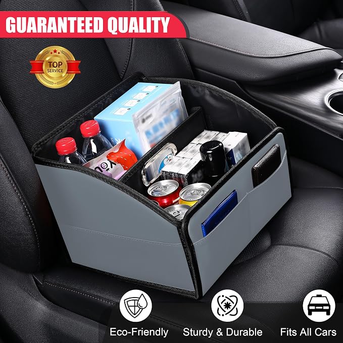 Car Storage Organizer [2025 UPDATED] Leather Car Caddy Basket for Front Seat Floor Back Seats Metal Handle 6 Compartments Adjustable Strap Buckles Slip-Resistant (Gray)