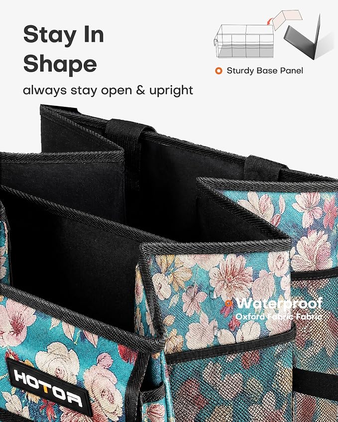 HOTOR Trunk Organizer- Car Organizer, Foldable Trunk organizer for SUVs & Sedans, Sturdy Car Organization for Car Accessories, Tools, Sundries, Blue Flower, 2 Compartments, 21.3"×12.6"×10.6"