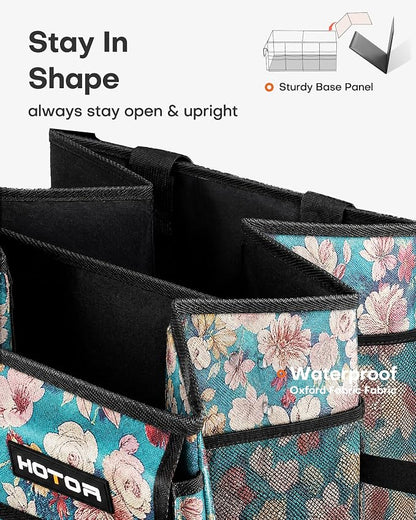 HOTOR Trunk Organizer- Car Organizer, Foldable Trunk organizer for SUVs & Sedans, Sturdy Car Organization for Car Accessories, Tools, Sundries, Blue Flower, 2 Compartments, 21.3"×12.6"×10.6"