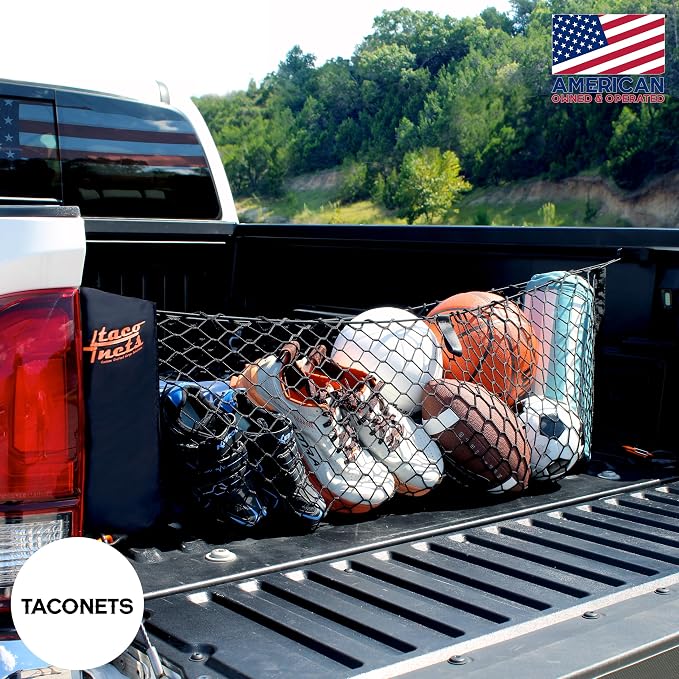TacoNets Envelope Cargo Net for Toyota Tacoma - Fits 2005-Current - Patented Bed Rail Integration - Upgraded 5mm Bungee - Integrated Storage Bag - Heavy Duty Carabiners - Designed in USA