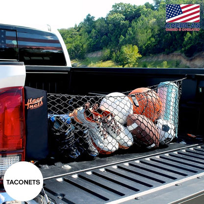 TacoNets Envelope Cargo Net for Toyota Tacoma - Fits 2005-Current - Patented Bed Rail Integration - Upgraded 5mm Bungee - Integrated Storage Bag - Heavy Duty Carabiners - Designed in USA